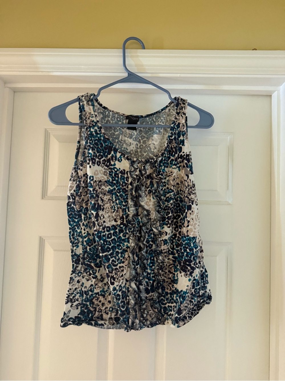 Ann Taylor Teal, Black & Cream Animal Print Ruffle Tank